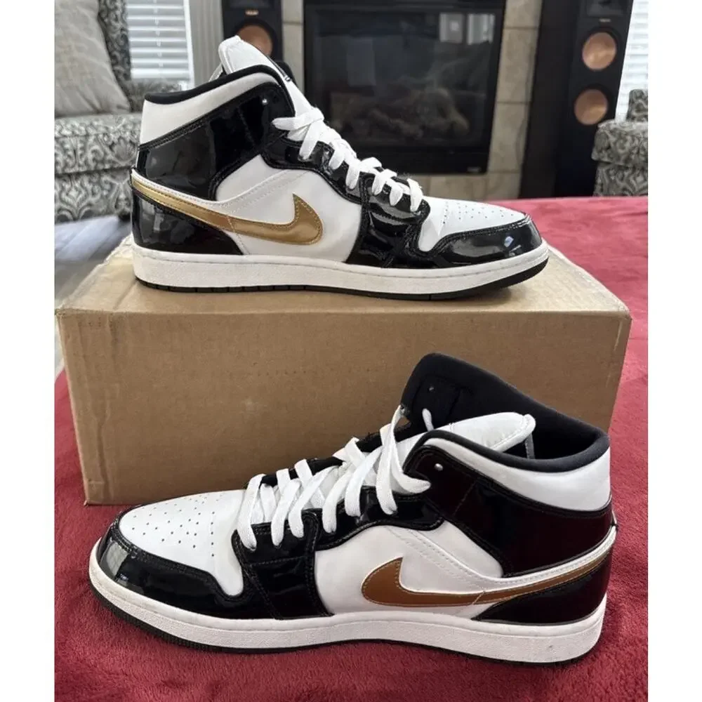 Size 13 - Air Jordan 1 Mid SE Patent Black White Gold 852542-007